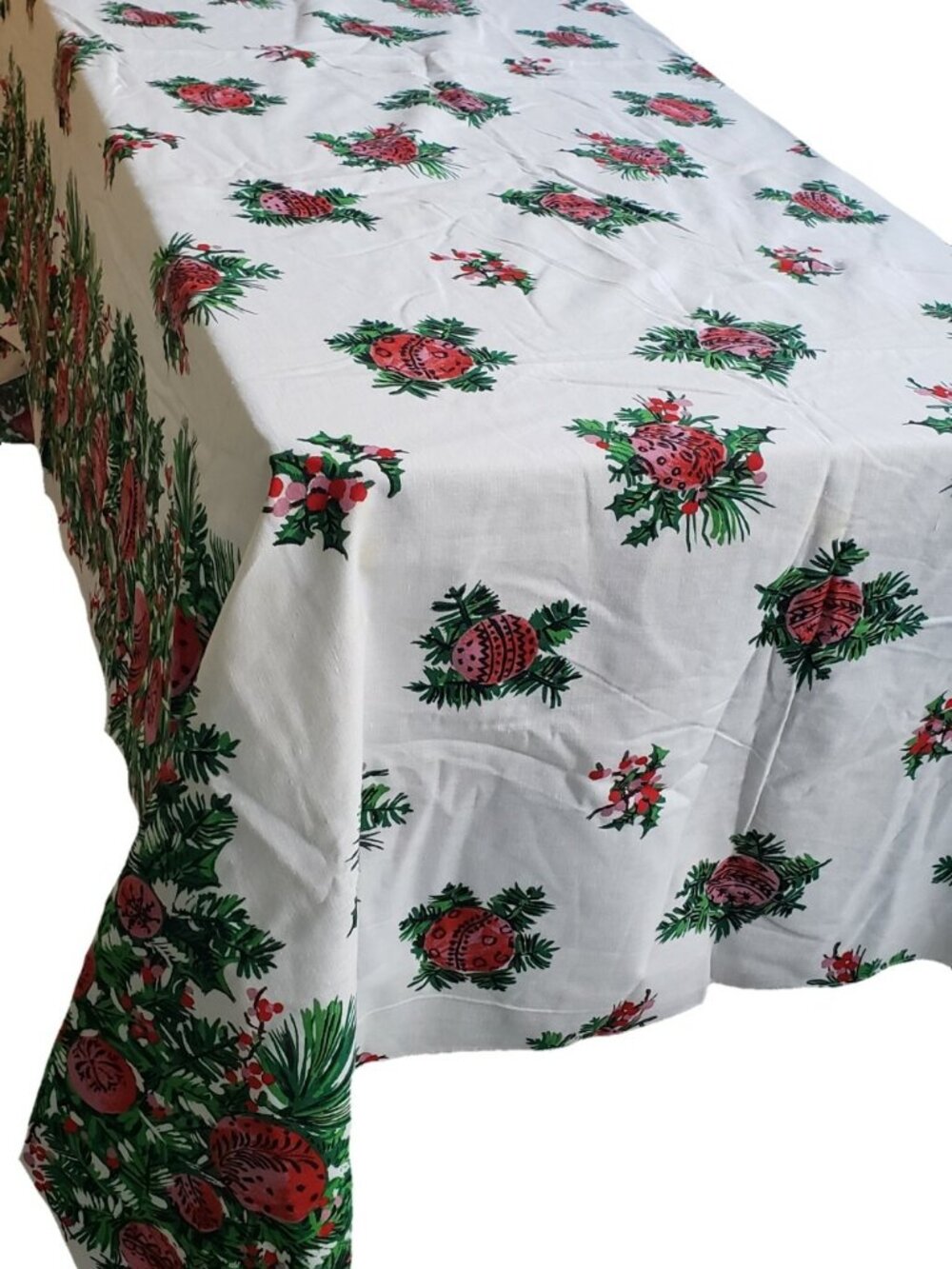 Vintage Christmas Tablecloth Ornaments Holly Tree Branches 52.5 x 90 inch MCM